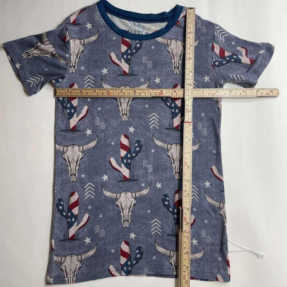 Fletch Kid Western Patriotic Soft Bamboo Pajama Top Steer Skull Cactus Blue 7-8Y
